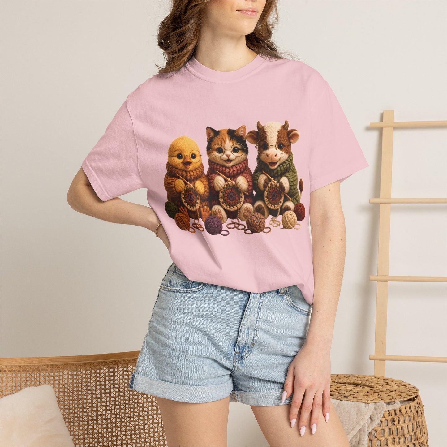 Chick, Calico Cat & Cow Crocheting Graphic Tee — Barnyard Stitch Club T-Shirt