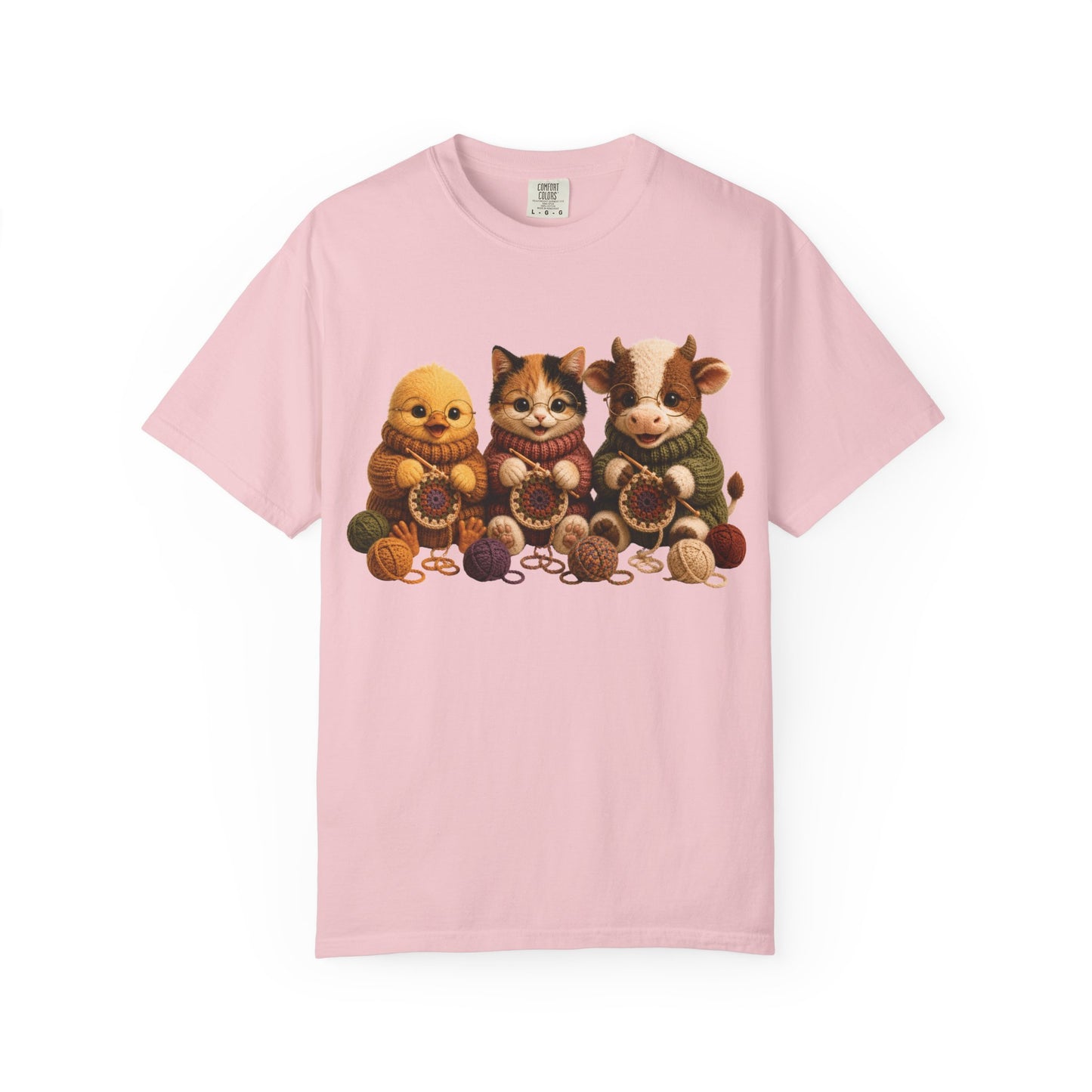 Chick, Calico Cat & Cow Crocheting Graphic Tee — Barnyard Stitch Club T-Shirt