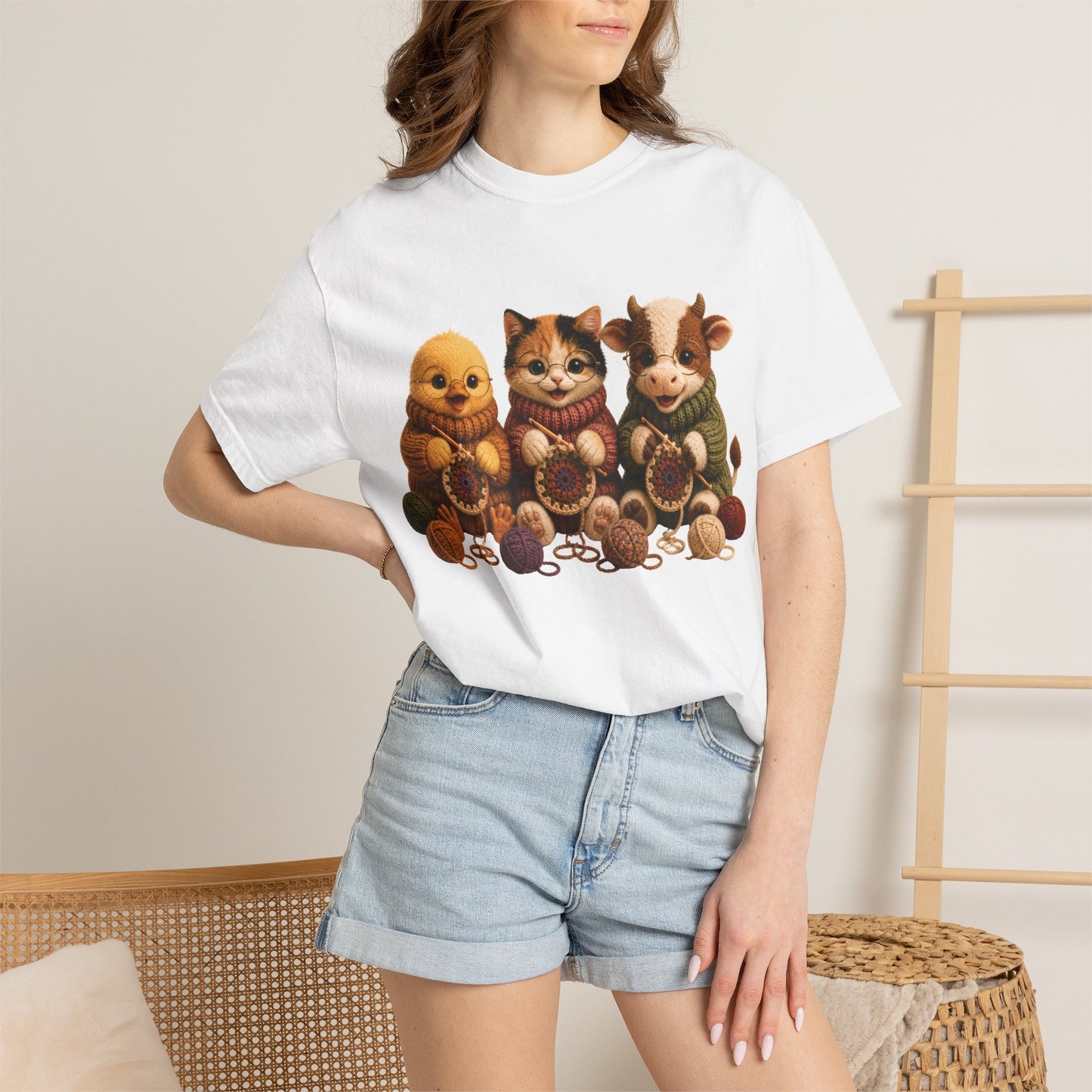 Chick, Calico Cat & Cow Crocheting Graphic Tee — Barnyard Stitch Club T-Shirt