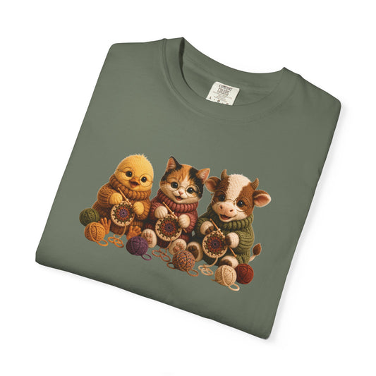 Chick, Calico Cat & Cow Crocheting Graphic Tee — Barnyard Stitch Club T-Shirt