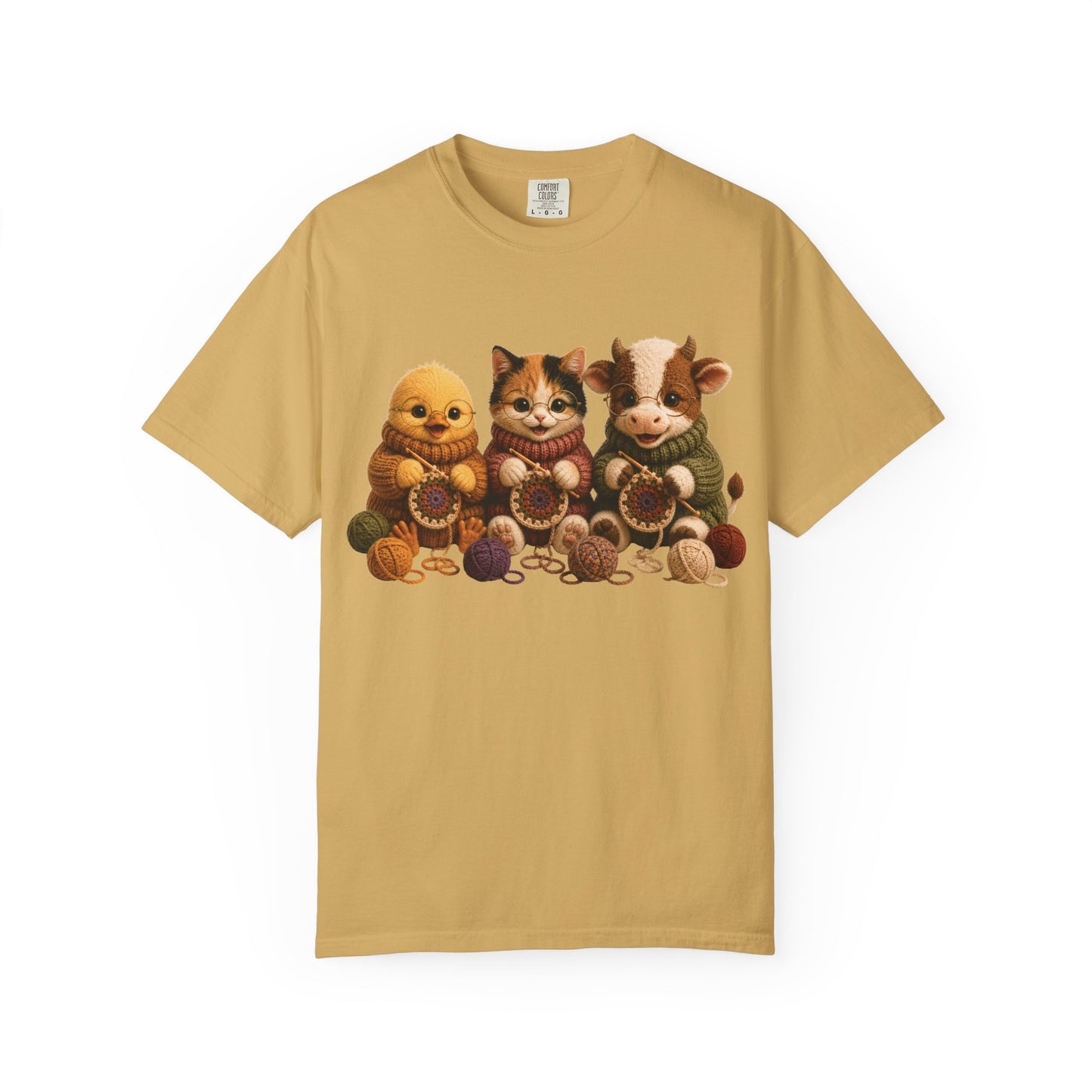 Chick, Calico Cat & Cow Crocheting Graphic Tee — Barnyard Stitch Club T-Shirt