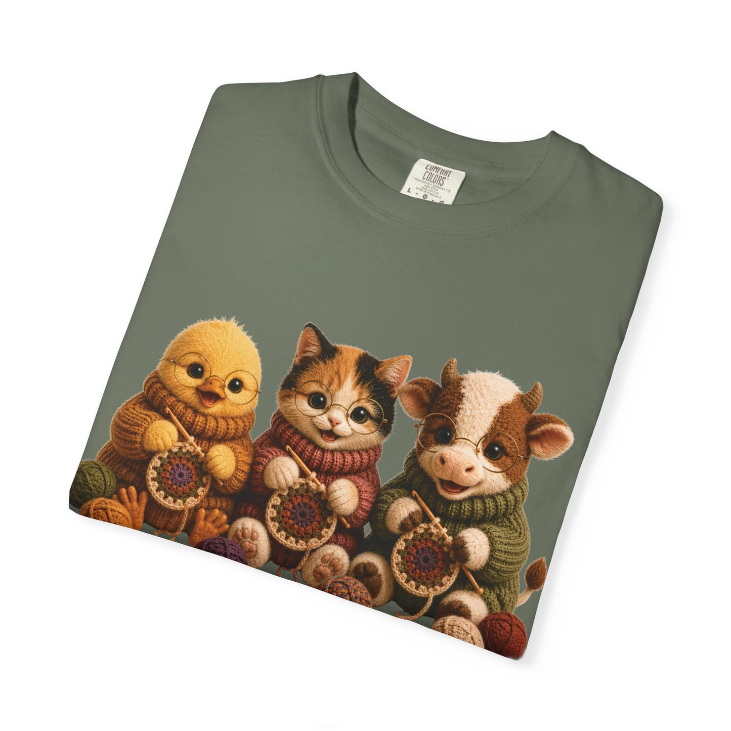 Chick, Calico Cat & Cow Crocheting Graphic Tee — Barnyard Stitch Club T-Shirt