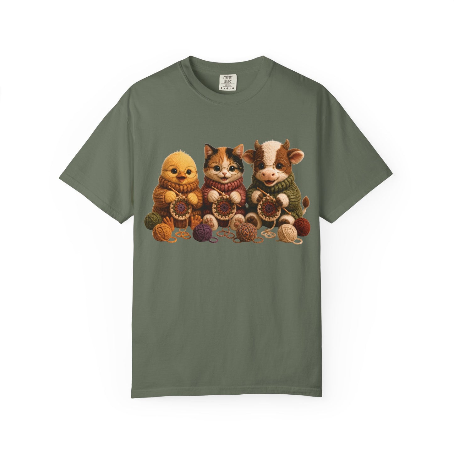 Chick, Calico Cat & Cow Crocheting Graphic Tee — Barnyard Stitch Club T-Shirt