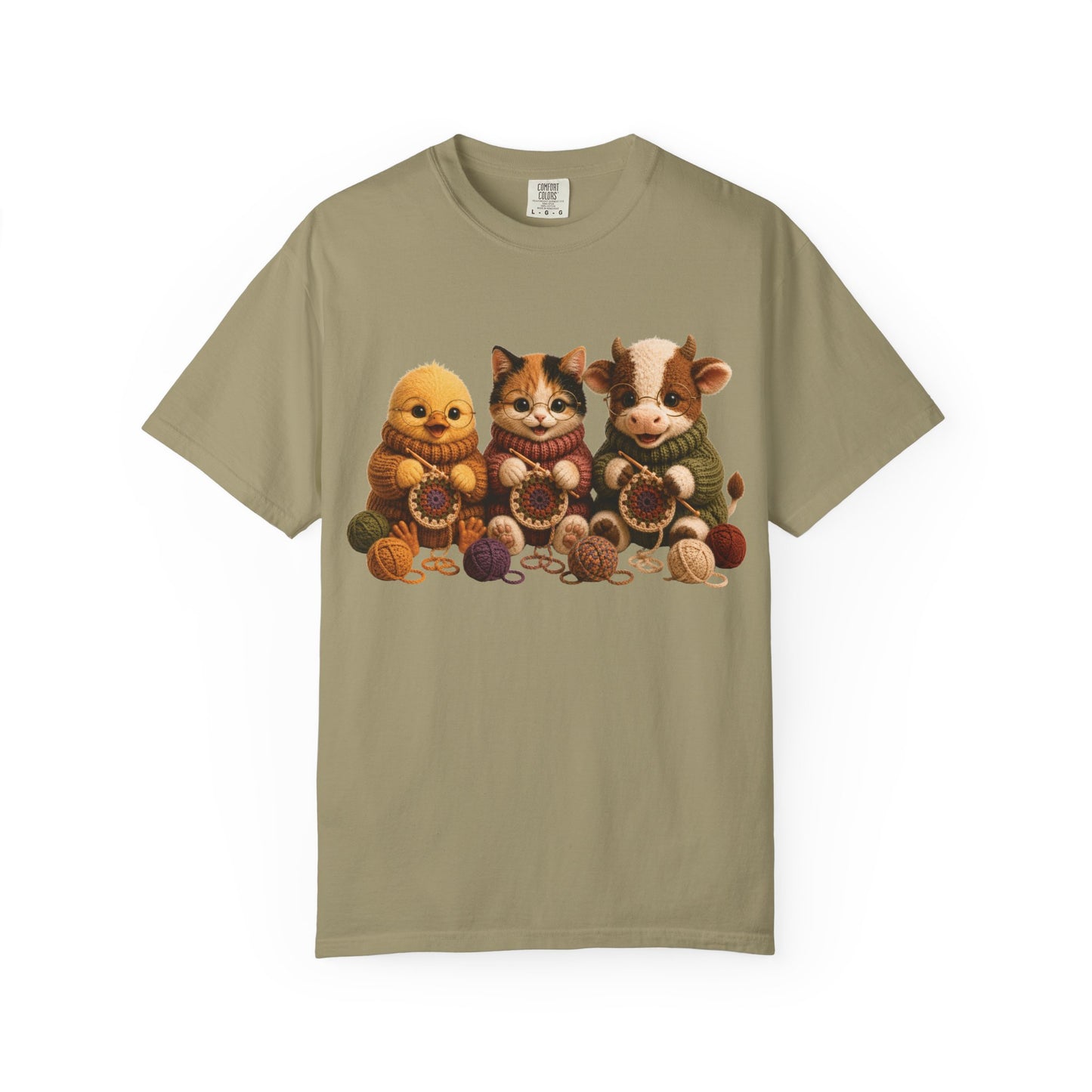 Chick, Calico Cat & Cow Crocheting Graphic Tee — Barnyard Stitch Club T-Shirt