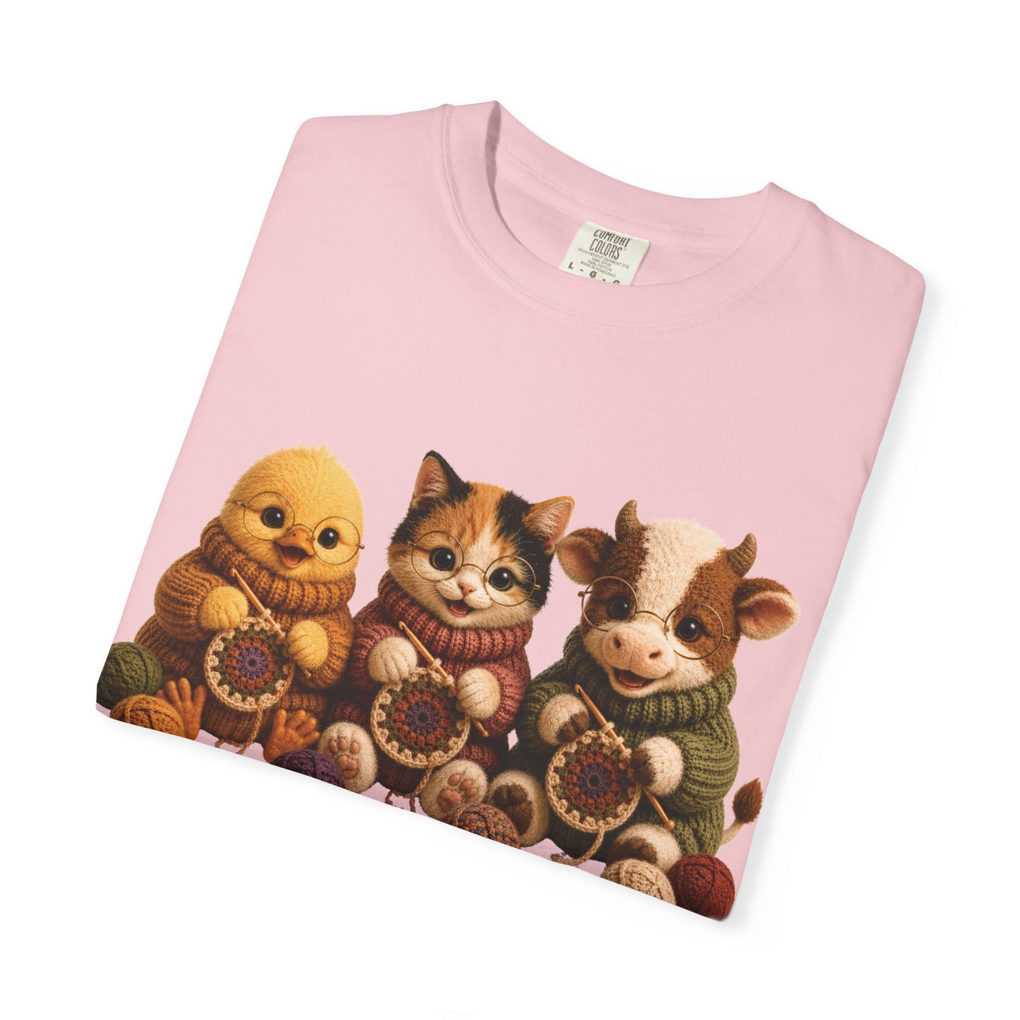 Chick, Calico Cat & Cow Crocheting Graphic Tee — Barnyard Stitch Club T-Shirt