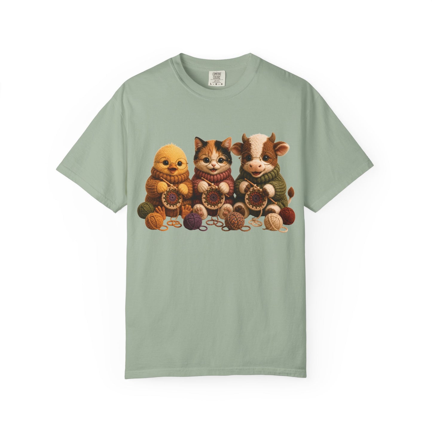 Chick, Calico Cat & Cow Crocheting Graphic Tee — Barnyard Stitch Club T-Shirt
