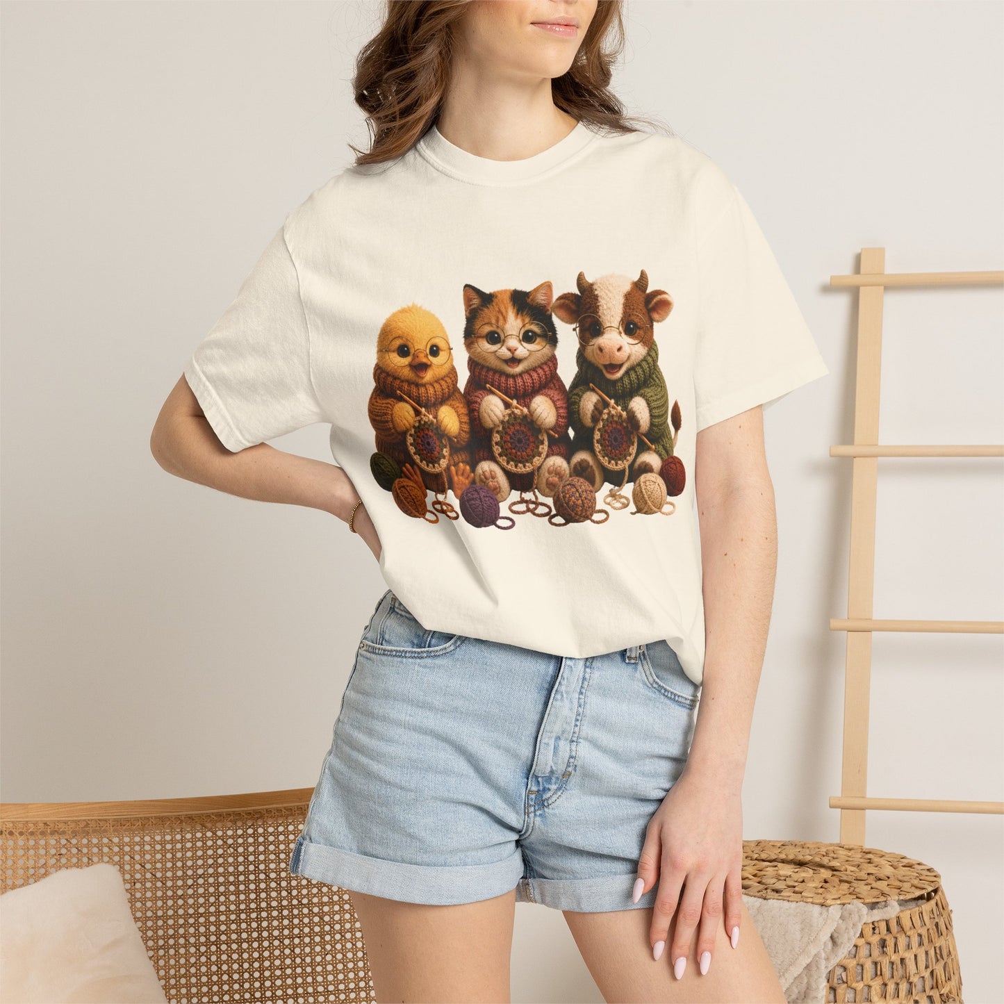 Chick, Calico Cat & Cow Crocheting Graphic Tee — Barnyard Stitch Club T-Shirt