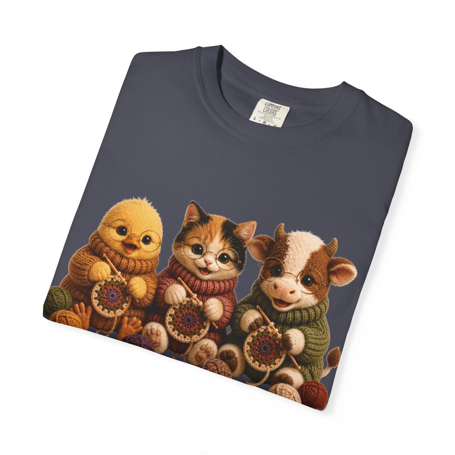 Chick, Calico Cat & Cow Crocheting Graphic Tee — Barnyard Stitch Club T-Shirt
