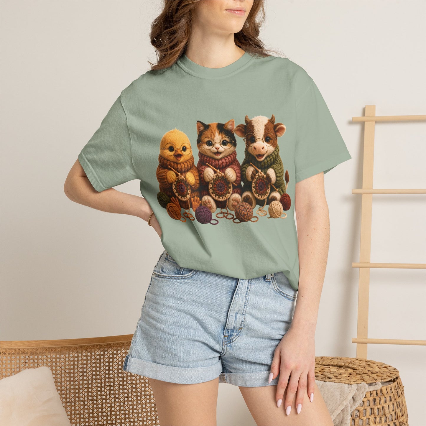 Chick, Calico Cat & Cow Crocheting Graphic Tee — Barnyard Stitch Club T-Shirt