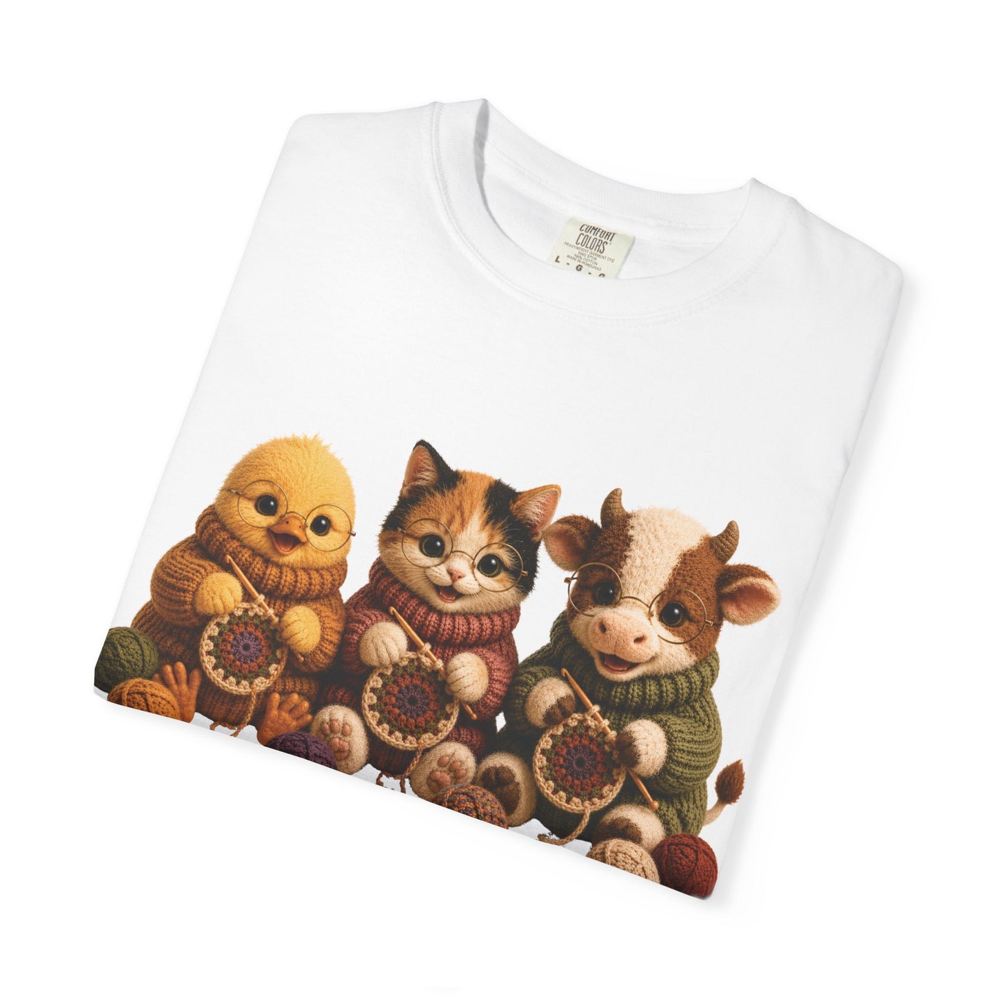 Chick, Calico Cat & Cow Crocheting Graphic Tee — Barnyard Stitch Club T-Shirt