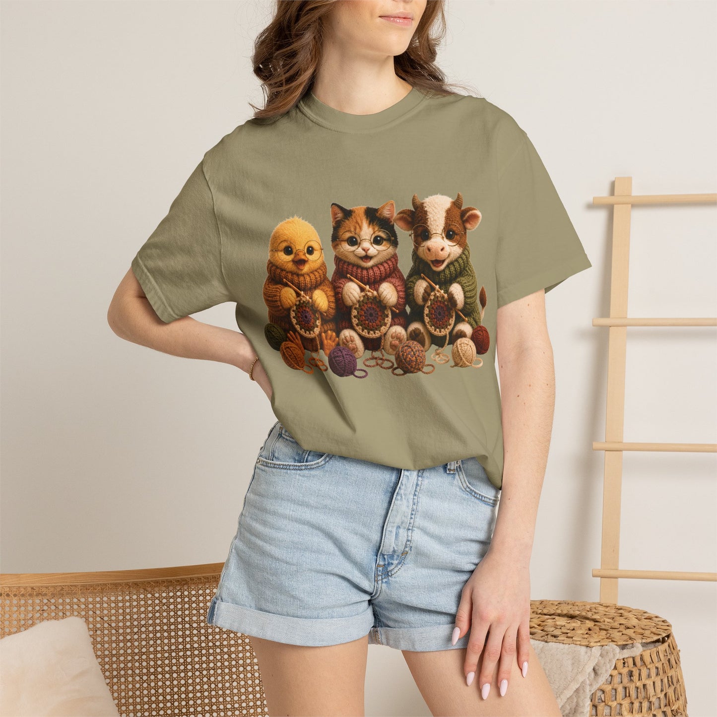 Chick, Calico Cat & Cow Crocheting Graphic Tee — Barnyard Stitch Club T-Shirt