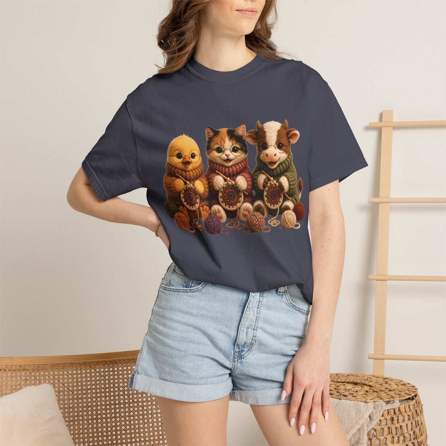 Chick, Calico Cat & Cow Crocheting Graphic Tee — Barnyard Stitch Club T-Shirt