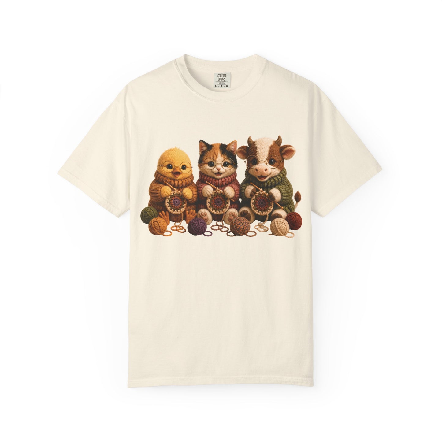 Chick, Calico Cat & Cow Crocheting Graphic Tee — Barnyard Stitch Club T-Shirt