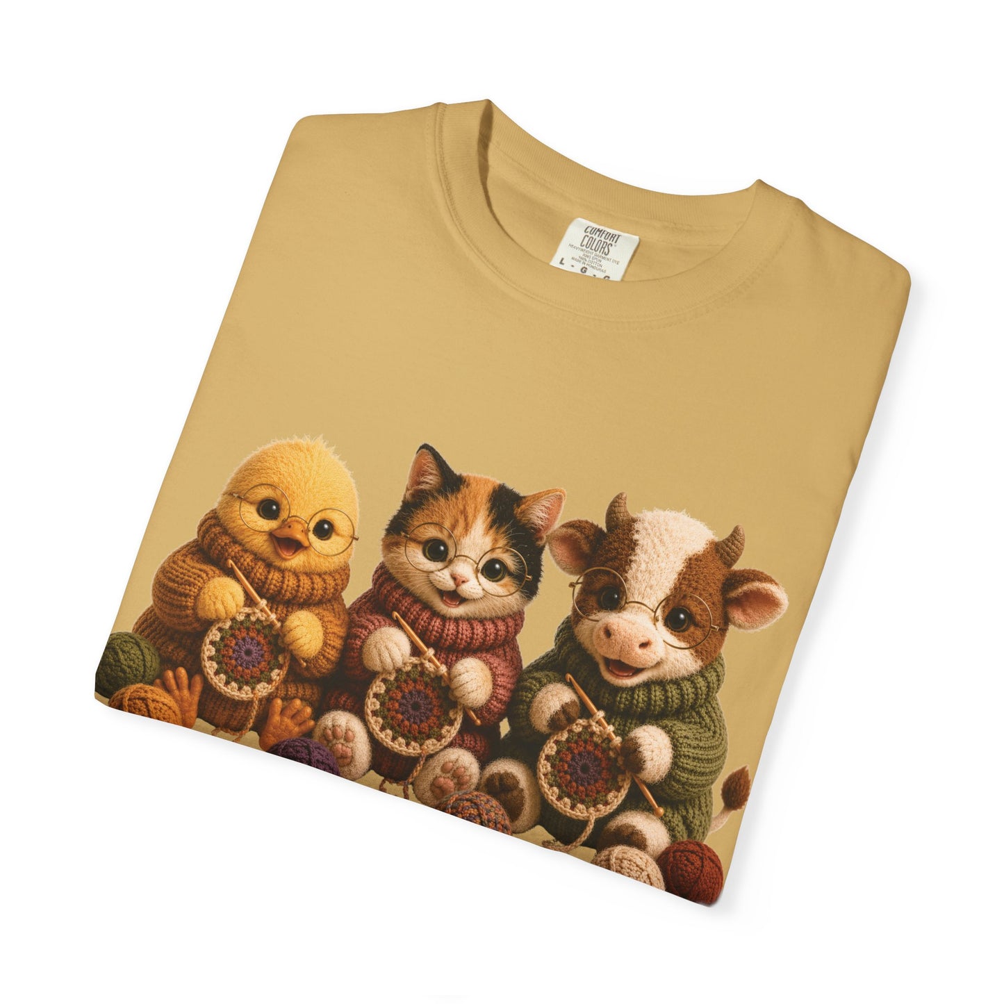 Chick, Calico Cat & Cow Crocheting Graphic Tee — Barnyard Stitch Club T-Shirt