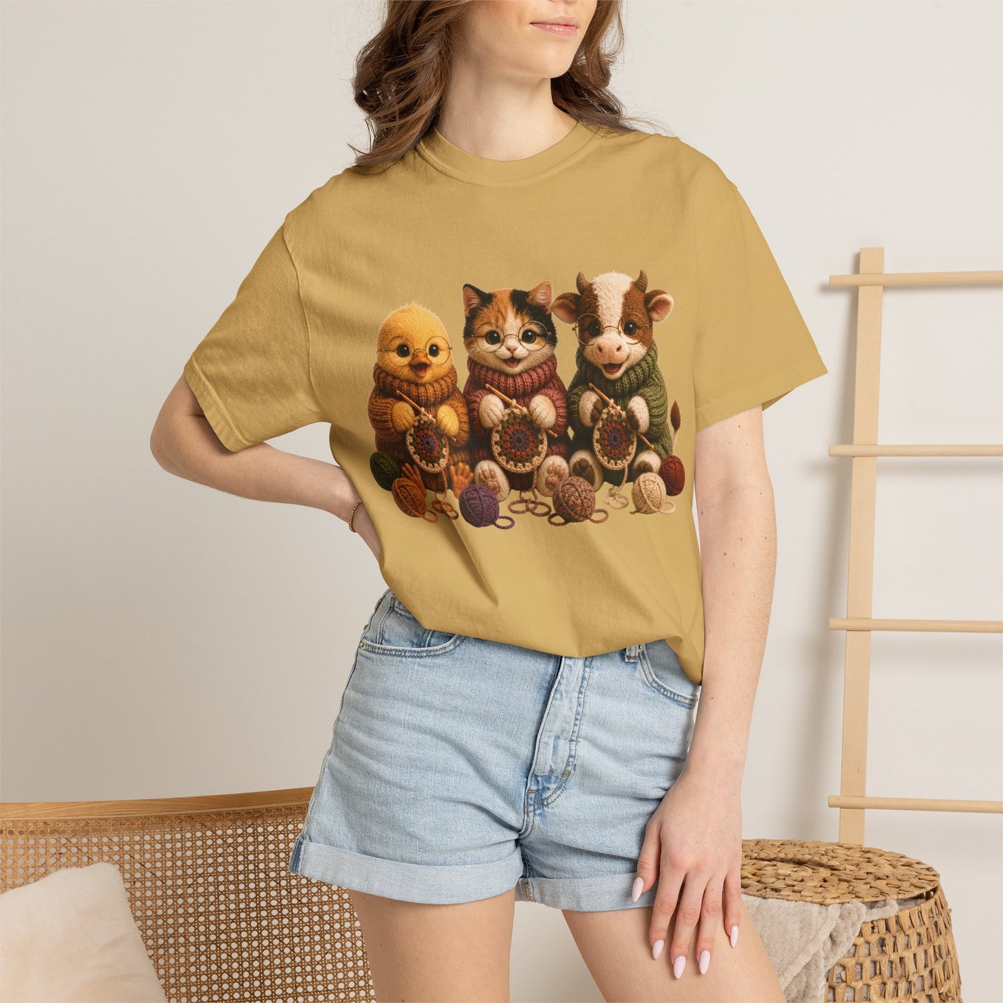 Chick, Calico Cat & Cow Crocheting Graphic Tee — Barnyard Stitch Club T-Shirt