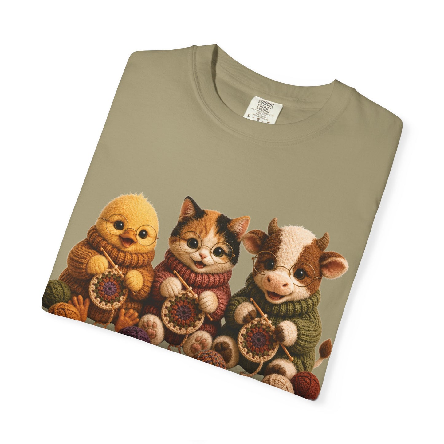 Chick, Calico Cat & Cow Crocheting Graphic Tee — Barnyard Stitch Club T-Shirt