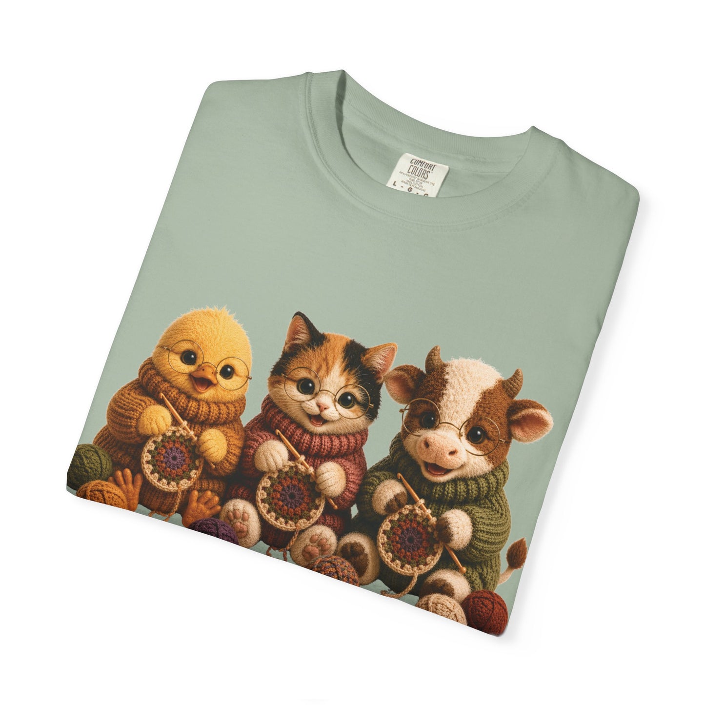 Chick, Calico Cat & Cow Crocheting Graphic Tee — Barnyard Stitch Club T-Shirt