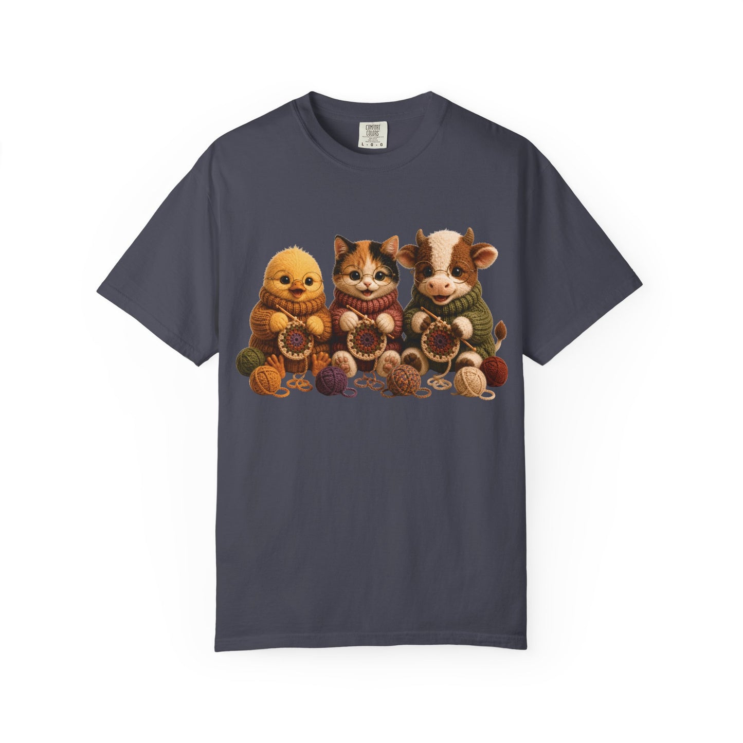 Chick, Calico Cat & Cow Crocheting Graphic Tee — Barnyard Stitch Club T-Shirt